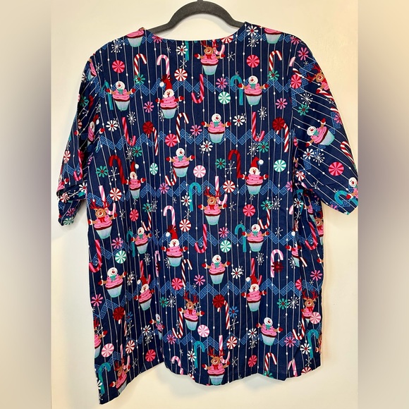 Tafford Scrub Top Christmas Santa Reindeers Snowman Cupcake Candy Cane Navy Lg - Picture 6 of 8